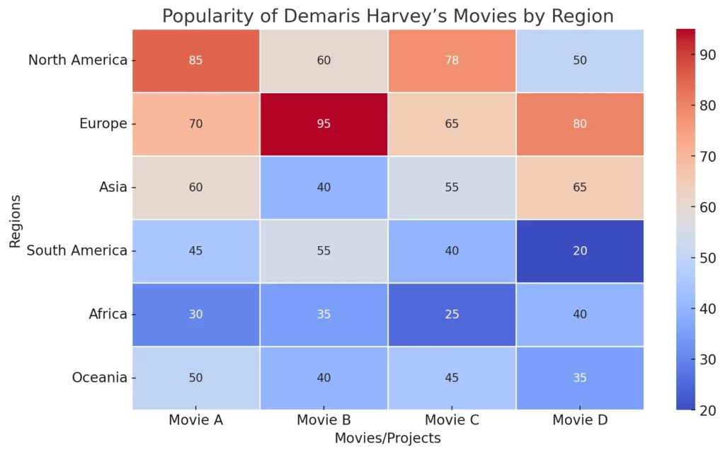 Here's a Heatmap showing the popularity of Demaris Harvey's movies or projects across different regions. 